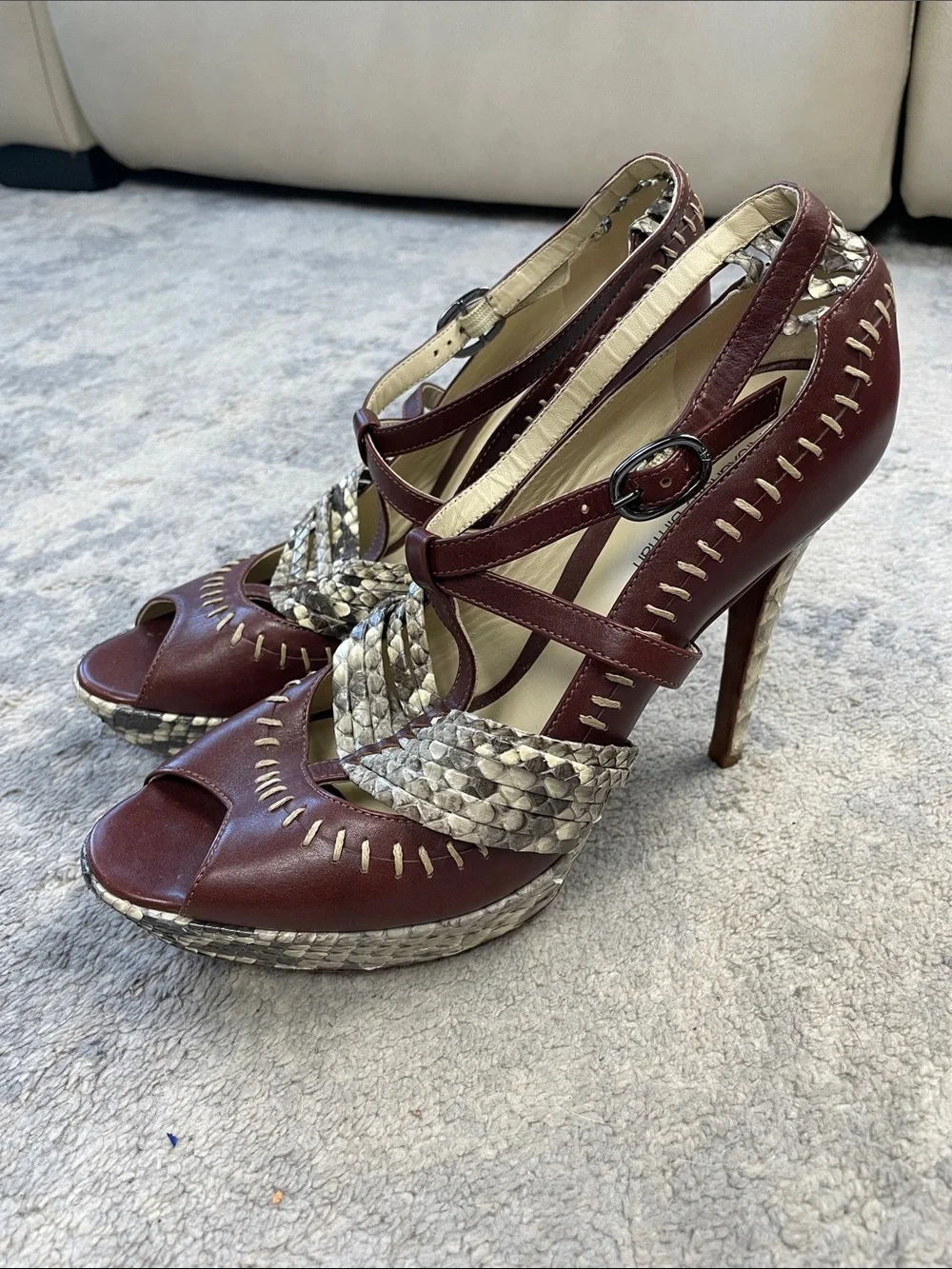 Alexandre Birman Python Leather Platform Heels Brown T Strap Size 9.5